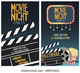 Set Of Movie Party Invitation Or Greeting Cards. Vector Illustration