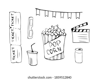 The set for the movie. Popcorn, tickets, glasses, soda, flags. Hand drawn. Doodle. Vector.