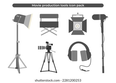 Set of Movie Production Vector Line Icons with Lighting, Camera with Tripod, Headphones, Boom Mic, Director's chair. Editable Stroke.