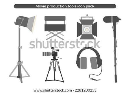 Set of Movie Production Vector Line Icons with Lighting, Camera with Tripod, Headphones, Boom Mic, Director's chair. Editable Stroke.