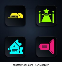 Set Movie spotlight , Cap with inscription director , Cinema ticket  and Carpet with barriers and star . Black square button. Vector