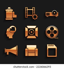 Set Movie spotlight, Cinema chair, SD card, Film reel, Megaphone, Head with camera, Media projector and Camera film roll cartridge icon. Vector