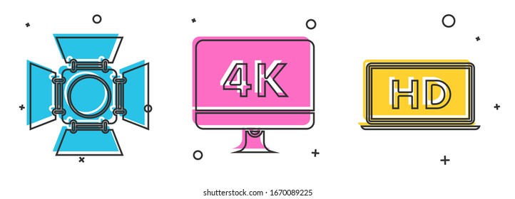 Set Movie spotlight , Computer PC monitor with 4k video technology  and Laptop screen with HD video technology  icon. Vector