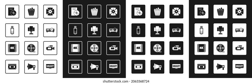 Set Movie spotlight, Director movie chair, USB flash drive, CD DVD disk, Movie, film, media projector, Popcorn in box, Cinema camera and 4k movie, tape, frame icon. Vector