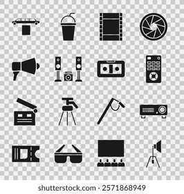 Set Movie spotlight, Movie, film, media projector, Remote control, Play Video, Home stereo with two speakers, Megaphone, Limousine car and carpet and VHS video cassette tape icon. Vector