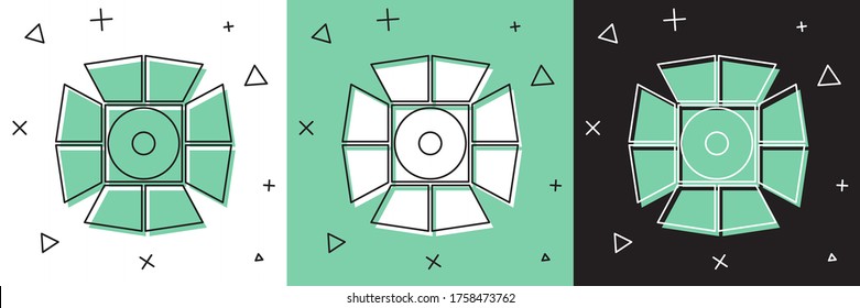 Set Movie spotlight icon isolated on white and green, black background. Light Effect. Scene, Studio, Show.  Vector Illustration