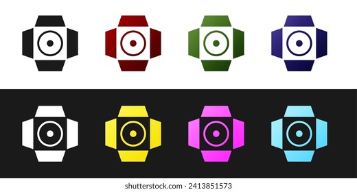 Set Movie spotlight icon isolated on black and white background. Light Effect. Scene, Studio, Show.  Vector