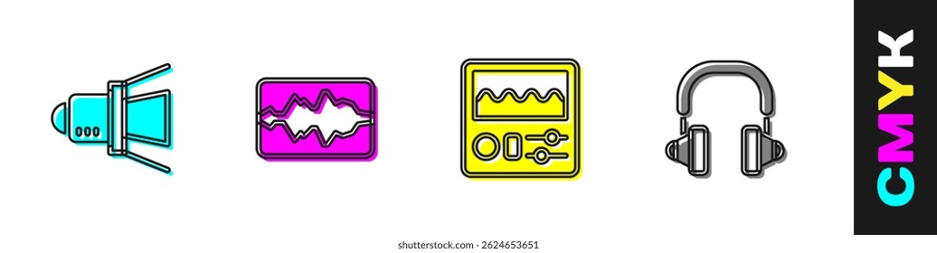 Set Movie spotlight, Music wave equalizer, Drum machine and Headphones icon. Vector