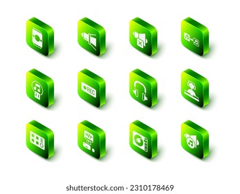 Set Movie spotlight, Speaker mute, Music note, tone, DJ playing music, volume, Headphones, Vinyl player with vinyl disk and recording studio icon. Vector