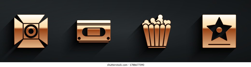 Set Movie spotlight, VHS video cassette tape, Popcorn in box and Hollywood walk of fame star icon with long shadow. Vector