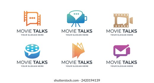 Set of movie talk logo, cinema forum icon, film roll combine with bubble speech logo concept