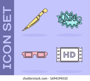 Set movie, tape, frame , Knife , 3D cinema glasses  and Bang boom text speech bubble balloon  icon. Vector