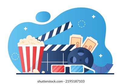 Set of movie. Tape with notes, clapperboard for counting takes and red blue 3D glasses. Popcorn and tickets, movie theater stuff. Poster or banner for website. Cartoon flat vector illustration