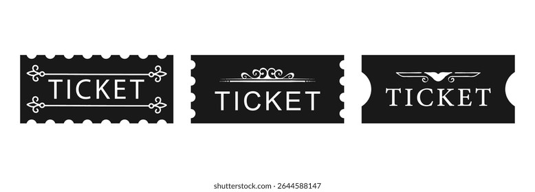 Um conjunto de ícones de tíquete de filme. Modelo de design de tíquete retrô. Bilhetes para cinema, filme, circo, carnaval, filme, festival