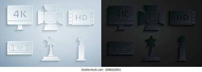 Set Movie trophy, 4k movie, tape, frame, VHS video cassette, Trophy Golden Globe, spotlight and Computer PC monitor with technology icon. Vector