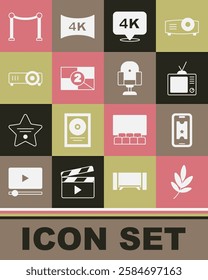 Set Movie trophy, Buy cinema ticket online, Retro tv, 4k Ultra HD, Old film movie countdown frame, Movie, film, media projector, Rope barrier and Director chair icon. Vector