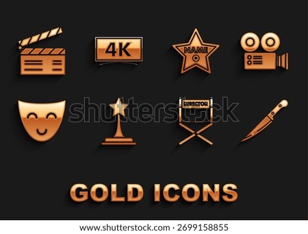 Set Movie trophy, Cinema camera, Knife, Director movie chair, Comedy theatrical mask, Hollywood walk of fame star on celebrity boulevard, clapper and  icon. Vector