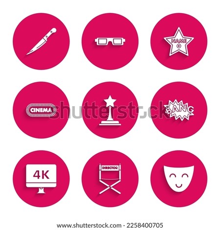 Set Movie trophy, Computer PC monitor with 4k video technology, Cinema poster design template, Hollywood walk of fame star celebrity boulevard and Knife icon. Vector
