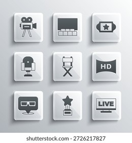 Establecer trofeo de película, transmisión en vivo, película HD, cinta, marco, silla de director, gafas de cine 3D, cámara retro e icono de boleto de cine. Vector