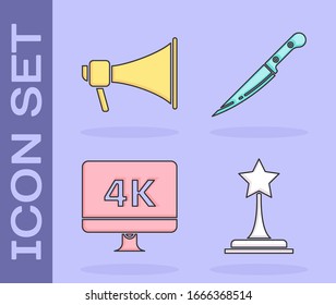 Set Movie trophy , Megaphone , Computer PC monitor with 4k video technology  and Knife  icon. Vector