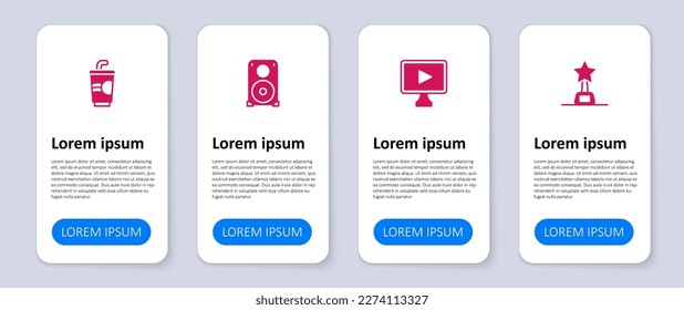 Set Movie trophy, Online play video, Stereo speaker and Paper glass with water. Business infographic template. Vector