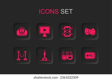Set Movie trophy, Online play video, Cinema ticket, 3D cinema glasses, Comedy and tragedy masks, Record button, No cell phone and Rope barrier icon. Vector