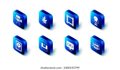 Set Movie trophy, Play video, Director movie chair, Live stream, 3D cinema glasses, Cinema, CD disk award frame and Retro camera icon. Vector