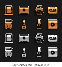 Set Movie trophy, Retro audio cassette tape, Online play video, Microphone, typewriter, VFX, Makeup mirror with lights and Play Video icon. Vector