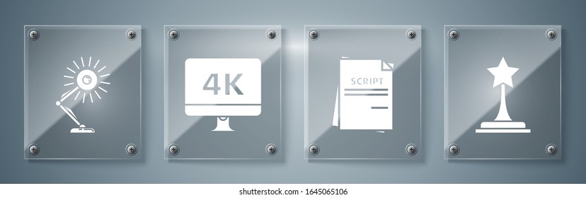 Set Movie trophy , Scenario , Computer PC monitor with 4k video technology  and Table lamp . Square glass panels. Vector