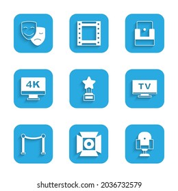 Set Movie trophy, spotlight, Director movie chair, Smart Tv, Rope barrier, Screen tv with 4k, Cinema and Comedy and tragedy masks icon. Vector