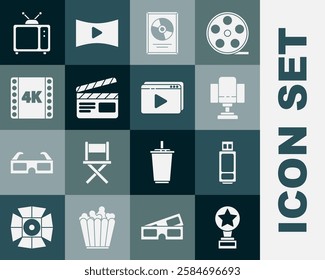 Set Movie trophy, USB flash drive, Director movie chair, CD disk award in frame, clapper, 4k movie, tape,, Retro tv and Online play video icon. Vector