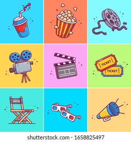 A Set Of Movie Vector Icon Illustration. Collections Of Movie Icons Concept White Isolated. Flat Cartoon Style Suitable for Web Landing Page, Banner, Flyer, Sticker, Card, Background