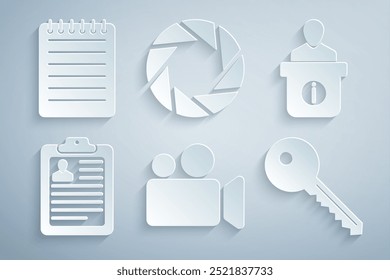 Set Movie or Video camera, Information desk, Clipboard with resume, Key, Camera shutter and Notebook icon. Vector