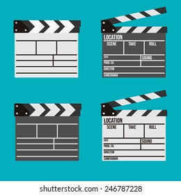 Set Of Movies Clappper Board Vector Logo Icons.  Film Making And Video Shooting Device.