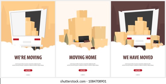 Set of Moving Home banners. Moving Truck with Boxes. Vector cartoon style illustration