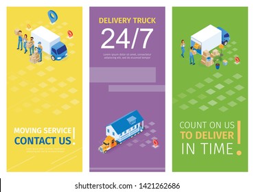 Set Moving Service Contact Us Vector Illustration. Count on Us to Deliver Time Cartoon. Delivery Truck Lettering. Transportation for Long and Close Distances Things, Furniture and Ready Houses.