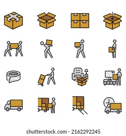 Set of moving service related vector icons. Vector illustration of cargo vehicles, boxes and more with colorful editable black outlines.