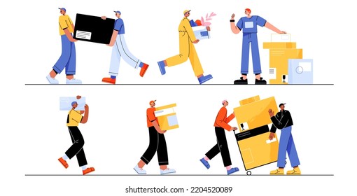 Set of moving service workers carrying boxes. Flat vector illustration of young men transporting heavy packages with home of office stuff. Delivery employees bringing parcels isolated on white