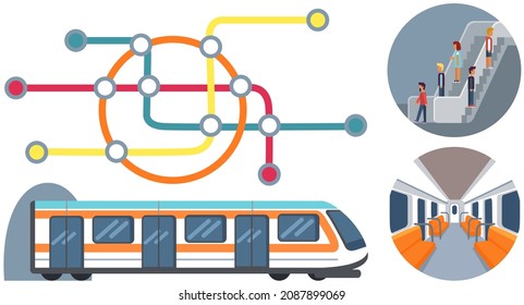 Set with moving staircase, navigation, passenger seats, turnstile for website infographics. Trains of subway, high speed public transport metro. Fictional metro map, underground station line diagram