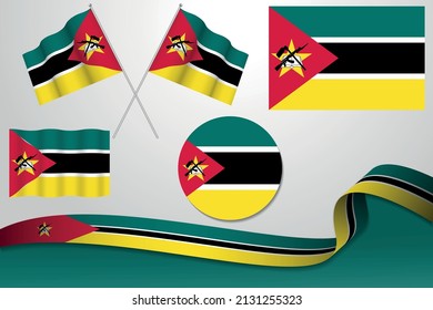 Set von mosambikanischen Flaggen in verschiedenen Designs, Symbol, Flag mit Band mit Hintergrund. Kostenloser Vektorgrafik
