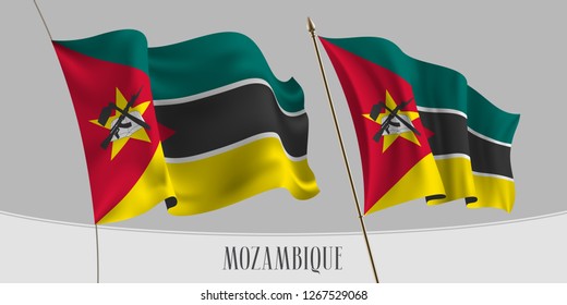Set of Mozambique waving flag on isolated background vector illustration. Green yellow colors, gun on Mozambican wavy horizontal realistic flag on pole mockup 
