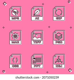 Set MP3 file document, AI, GIF, MAX, TIFF and PSD icon. Vector