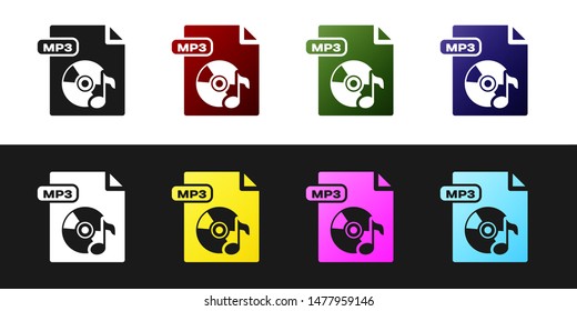 Set MP3 file document. Download mp3 button icon isolated on black and white background. Mp3 music format sign. MP3 file symbol.  Vector Illustration