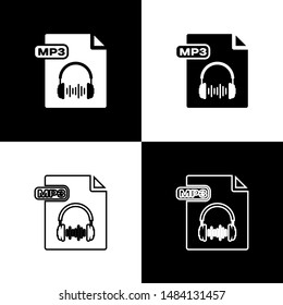 Set MP3 file document. Download mp3 button icon isolated on black and white background. Mp3 music format sign. MP3 file symbol.  Vector Illustration
