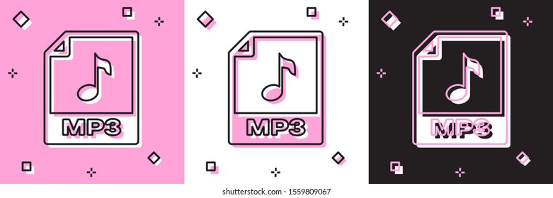 Set MP3 file document. Download mp3 button icon isolated on pink and white, black background. Mp3 music format sign. MP3 file symbol.  Vector Illustration