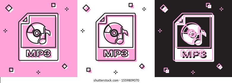 Set MP3 file document. Download mp3 button icon isolated on pink and white, black background. Mp3 music format sign. MP3 file symbol.  Vector Illustration