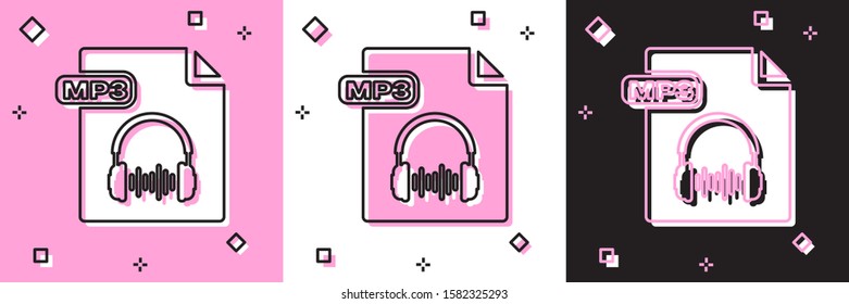 Set MP3 file document. Download mp3 button icon isolated on pink and white, black background. Mp3 music format sign. MP3 file symbol.  Vector Illustration