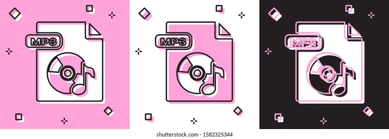 Set MP3 file document. Download mp3 button icon isolated on pink and white, black background. Mp3 music format sign. MP3 file symbol.  Vector Illustration