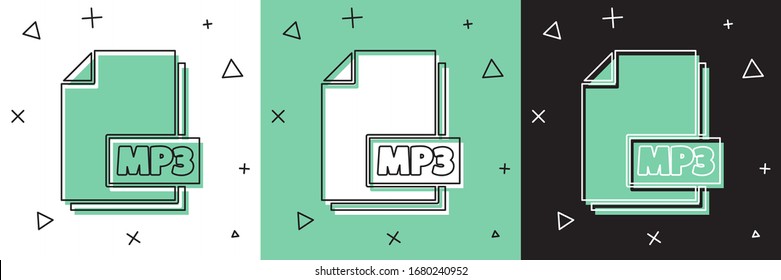 Set MP3 file document. Download mp3 button icon isolated on white and green, black background. Mp3 music format sign. MP3 file symbol.  Vector Illustration