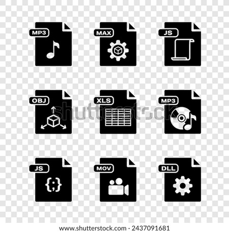 Set MP3 file document, MAX, JS, MOV, DLL, OBJ and XLS icon. Vector